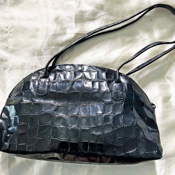 SHOULDER BAG, DOME, BERRITA MODE ITALY, BLACK ALLIGATOR PRINT, 2 HANDLES, MADE - Picture 2 of 12